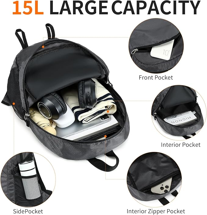Small Hiking Backpack 15L Travel Lightweight Hiking Packable Daypack Water-Resistant Foldable Backpacks for Women Men Camping (Grey)