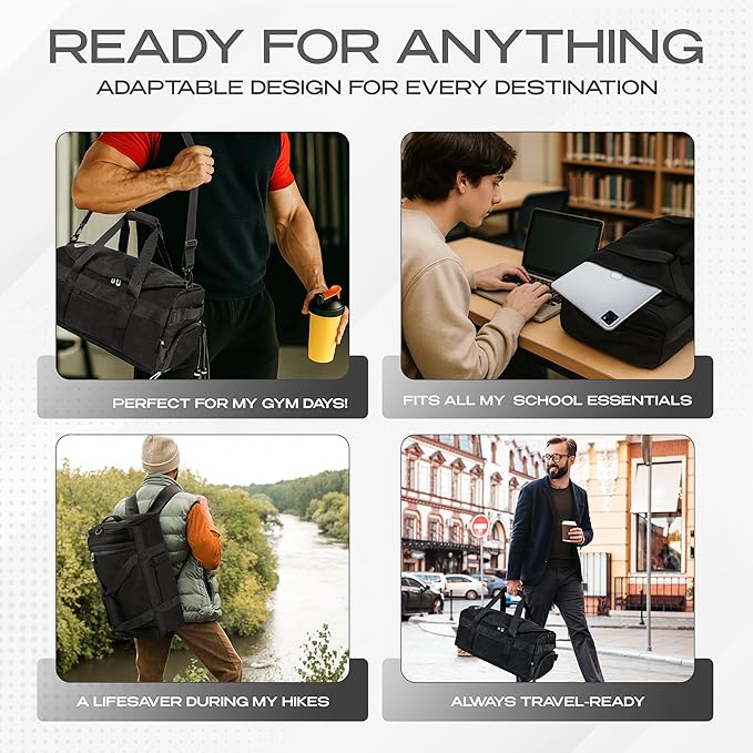 3-in-1 Duffle Bag Backpack for Men & Women –Travel Backpack with Cup Holder, Shoe & Laptop Compartment with Ventilation for Gym, Workout, Weekender, Traveling - 8.5 x 18.9 x 10.6 Inches