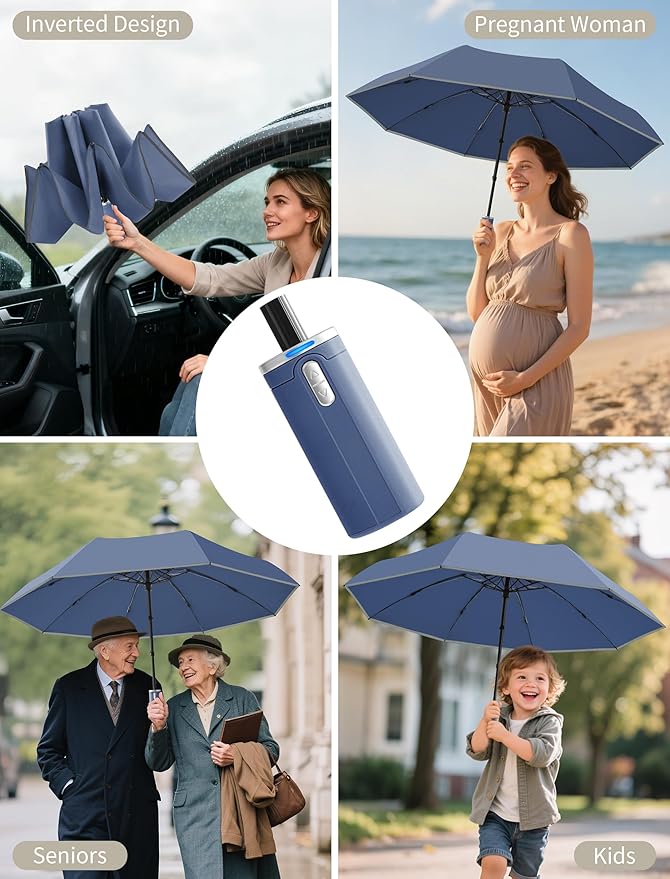 Seniny Electric Travel Umbrella with Intelligent Open Close, Rechargeable Umbrellas for Rain Windproof, Automatic Portable & Compact Umbrella with Reflective Stripe