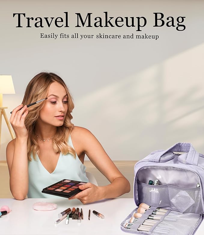 Travel Toiletry Bag for Women, Large Wide-open Puffy Cosmetic Makeup Bag with Wet-Dry Separation, Multi-Pocket Organizer with Carry Handle for Toiletries, Cosmetics, Essentials, Light Purple
