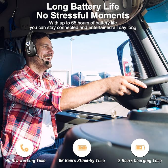 Bluetooth Headset, Trucker Bluetooth Headset with AI Noise Cancellation Microphone & Mute Button, Trucker Headphones with 65 Hrs Working Time, 5.2 Multitasking for Truck Drivers/Phone