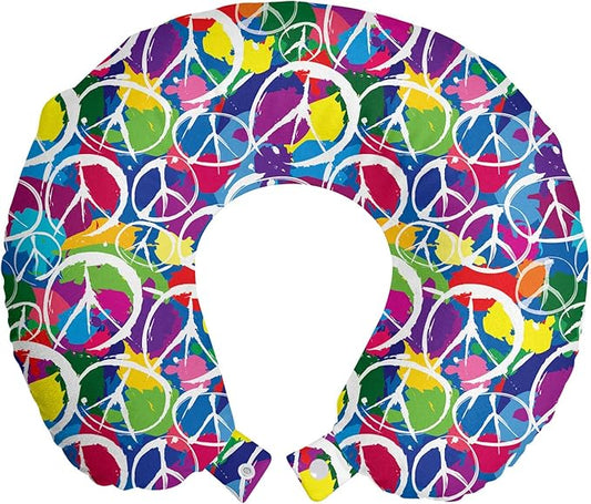 Ambesonne Retro Travel Pillow Neck Rest, Universal Peace Sign on Colorful Pop Art Style Background Pacifist Activism, Memory Foam Traveling Accessory for Airplane and Car, 12", Purple Blue