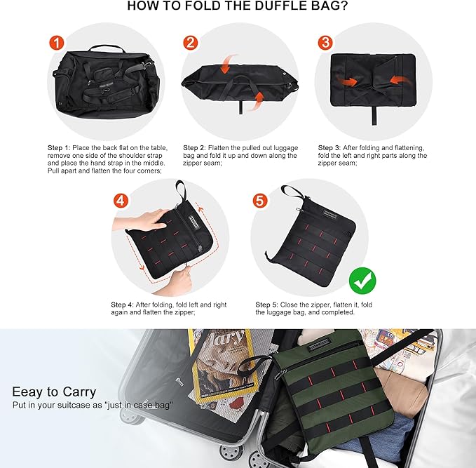 WITZMAN Foldable Duffle Bag for Travel 65L Lightweight Packable Duffel Bag with Shoes Compartment Overnight Bag for Men Women (B697 Army Green）