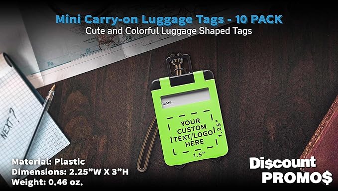 10 Mini Carry-on Luggage Tags Pack - Customizable Text, Logo - Flip Open Cover, ID Sticker - Lime Green