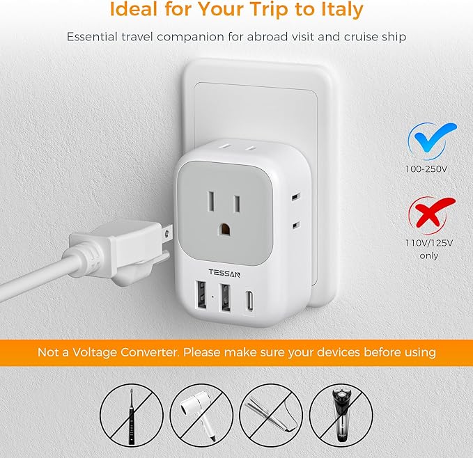 Italy Travel Plug Adapter, TESSAN Type L Adapter for Travel with 4 Outlets 3 USB Ports (1 USB-C), Power Adaptor for US to Italy Chile Rome Uruguay Milan Libya