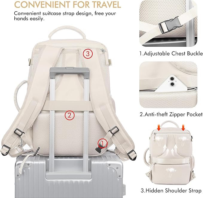 Beraliy Travel Backpack, Large Carry On Backpack, Personal Item Travel Bag, Airline Approved 17 Inch Laptop Backpack, College Weekender Business Hiking Bag, Beige