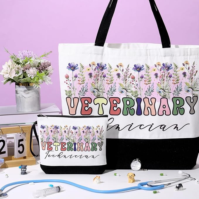 Kacctyen 3 Pcs Veterinary Appreciation Gifts Veterinarian Tote Bag Makeup Cosmetic Bag Vet Thank You Keychains for Female Women Assistant Student