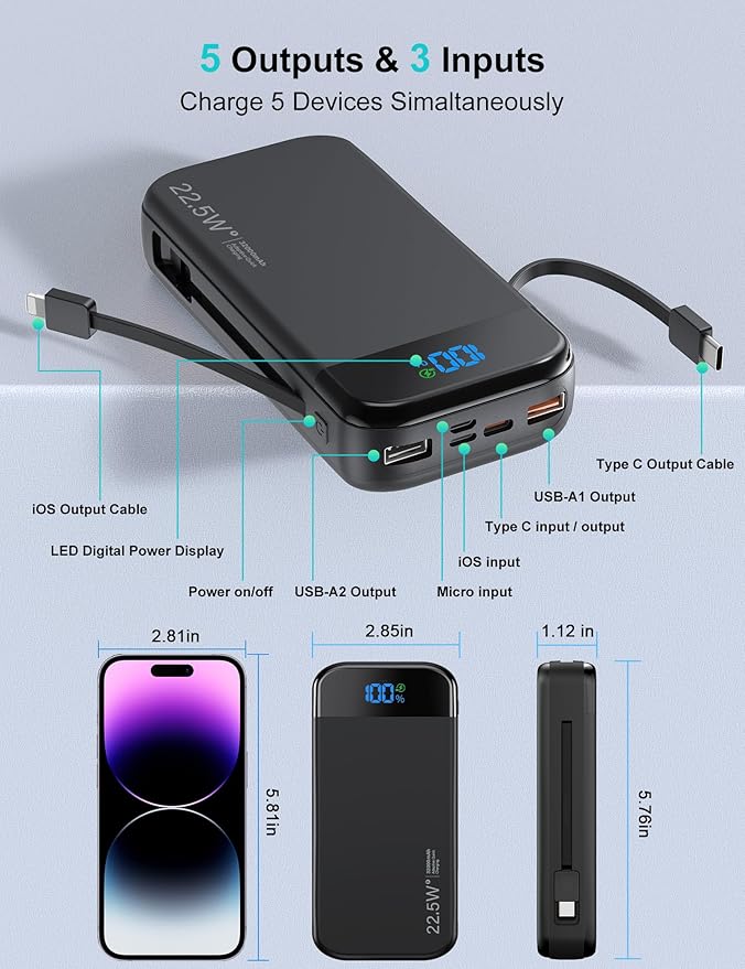 Portable Charger Power Bank Built-in Cables, 32000mAh 22.5W USB C Fast Charging, 5 Outputs 3 Inputs Travel Essentials Battery Pack Compatible with iPhone, iPad, Samsung, Google Pixel, Black