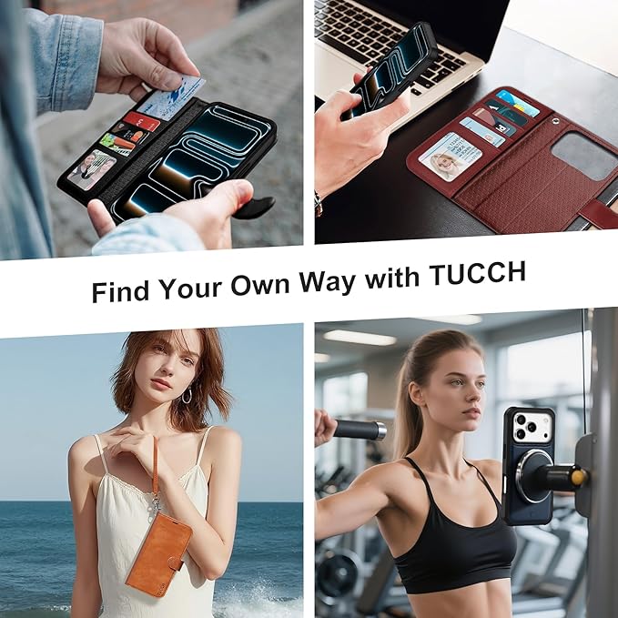 TUCCH Detachable Case Wallet for iPhone 17 Pro (6.3") 2025, Wrist Strap | 4 Card Slots RFID Blocking | Wireless Charging | Stand | 2-in-1 Magnetic | PU Leather | Shockproof Folio Cover | Orange