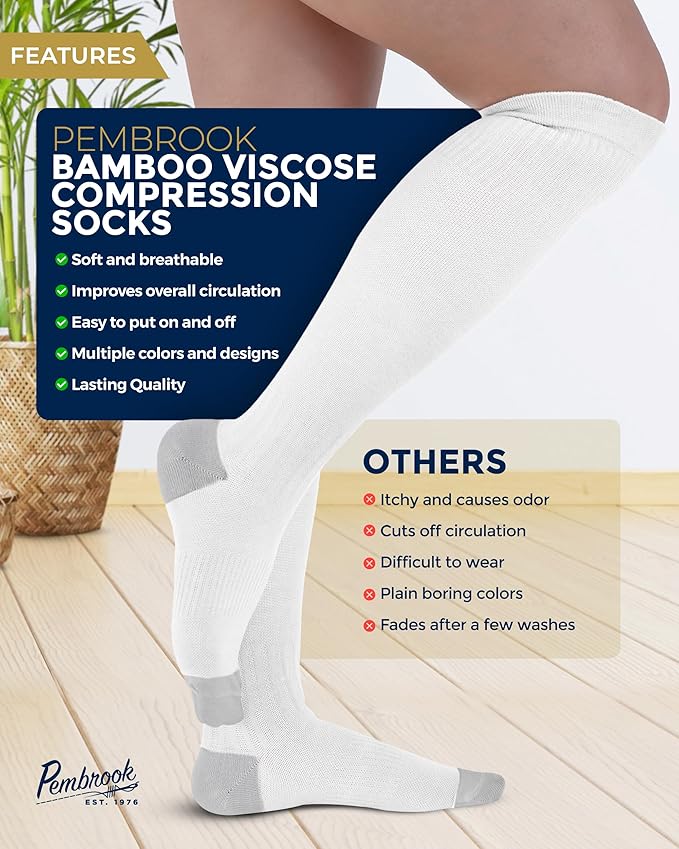 Pembrook Bamboo Viscose Light Compression Socks - 3 Pairs | 8-15 mmhg Compression Socks | Knee High Comfort Support Socks