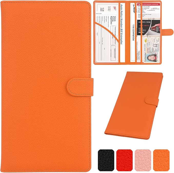 Car Registration and Insurance Holder, Leather Magnetic Shut Vehicle Glove Box Organizer for Document, Card, Driver License, Orange