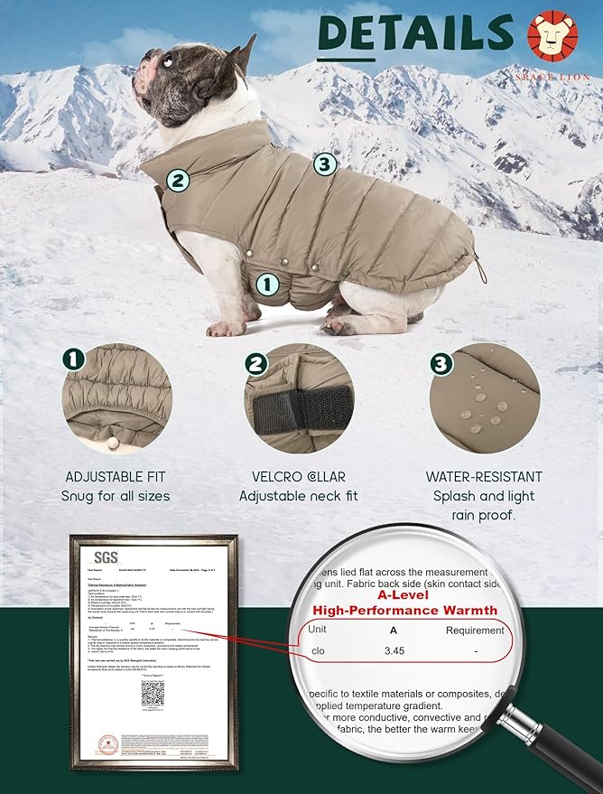 SPACE LION Dog Puffer Jacket, Down Winter Coat, Durable Outdoor Coat for Cold and Windy Conditions, Lightweight & Adjustable Fit Coats for Medium Dogs, (Camel, Size 14 Gift Box)