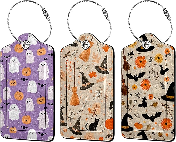 Halloween Ghost and Pumpkin 3 Pack Luggage Tags, PU Leather Luggage Tags for Suitcase,Name ID Labels with Privacy Cover Suitcases and Metal Loop for Travel Bag Suitcase