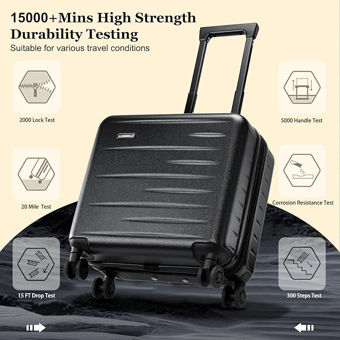 16 Inch Carry On Luggage Airline Approved, Expandable Lightweight ABS+PC Hard Shell Suitcases with 360° Spinner Wheels, TSA Lock, YKK Zippers (Black)
