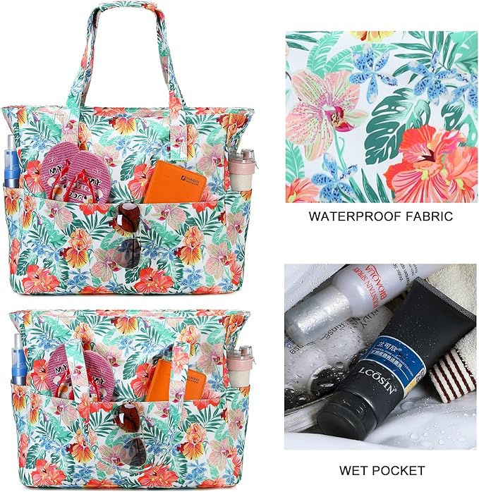 Bluboon Waterproof Beach Tote Pool Bags for Women Ladies Extra Large Carry On Bag With Wet Compartment for Weekender Travel