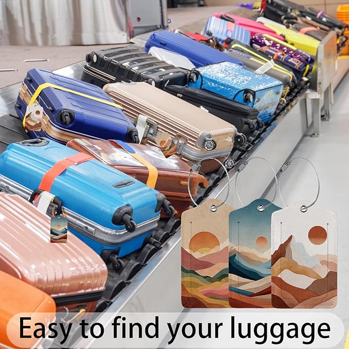 Boho Sun Mountains 3 Pack Luggage Tags, PU Leather Luggage Tags for Suitcase,Name ID Labels with Privacy Cover Suitcases and Metal Loop for Travel Bag Suitcase
