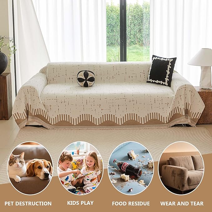 Couch Cover for 3 Cushion Sofa Pet Friendly Furniture Covers, Chenille Sofa Covers Washable L Shape, Boho Couch Blanket Cover with Tassel Decoration, 71"x 134", Light Brown