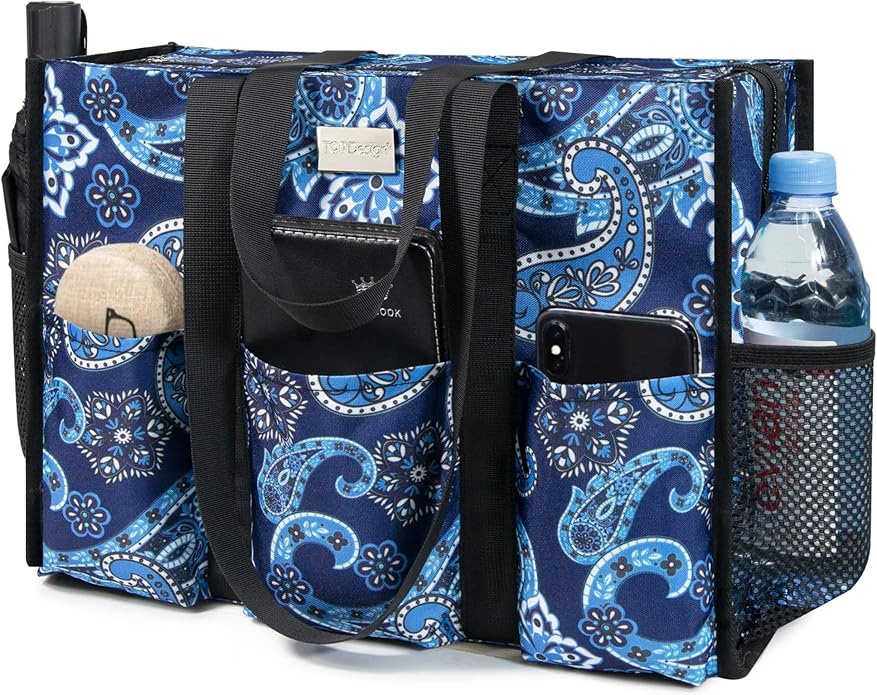 TOPDesign Utility Water Resistant Tote Bag with 13 Pockets, Top Zipper Closure & Thick Bottom Support, for Working Women