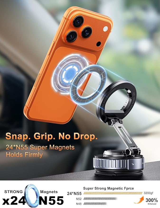 snanlen 2026 Upgraded Car Phone Holder for Magsafe [108LBS Strongest Suction] 360° Adjustable Vacuum Magnetic Phone Holders, Cell Phone car Mount for iPhone 17 Pro Max 16 15 14 13 12 Air Plus