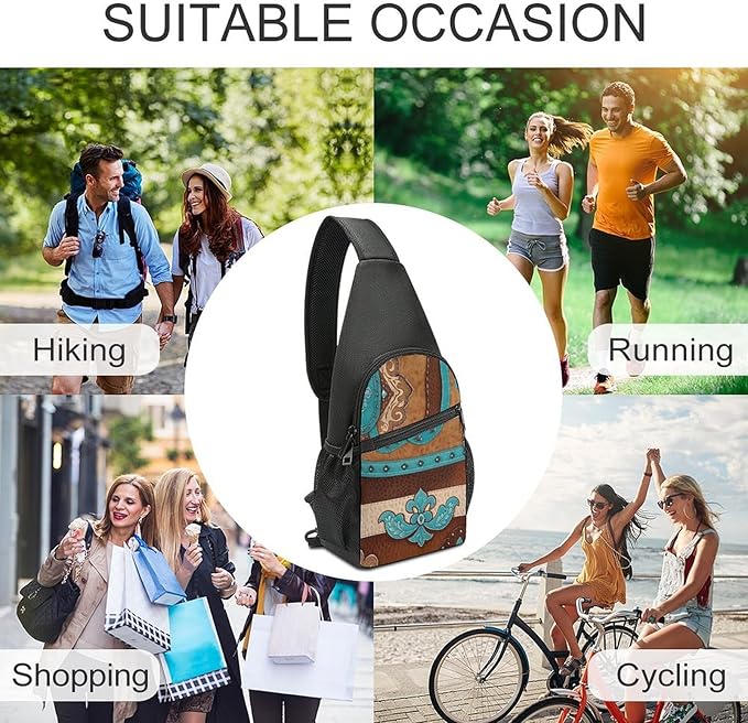 SWEET TANG Cute Sling Shoulder Backpacks Rustic Brown Teal Western Country Tooled Leather Bags Chest Sack, Anti Theft Crossbody Rucksack for Hiking Traveling Sports, Daypacks for Men Women