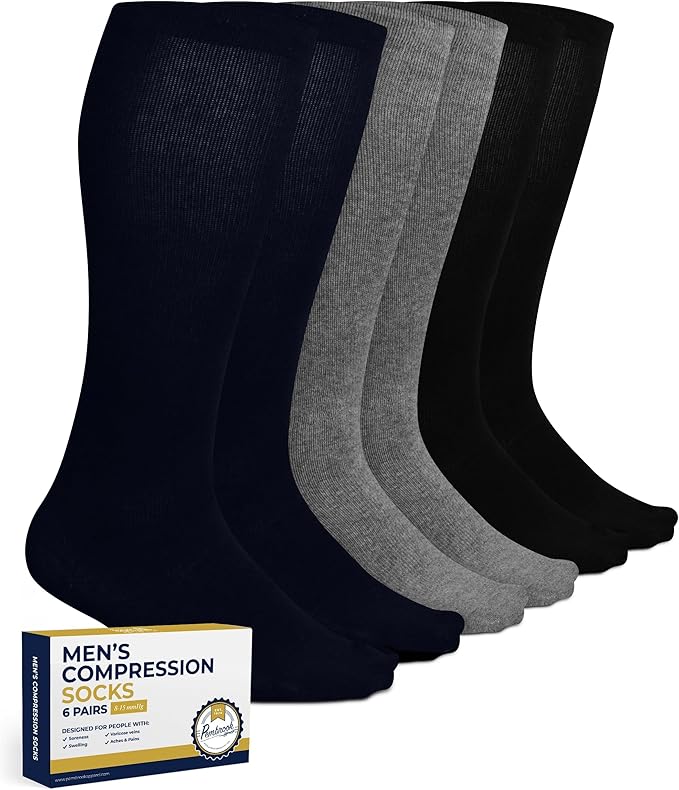 Pembrook Light Compression Socks for Men - 6 Pairs | 8-15 mmHg Graduated Compression Socks for Men 9-12 | Support Socks