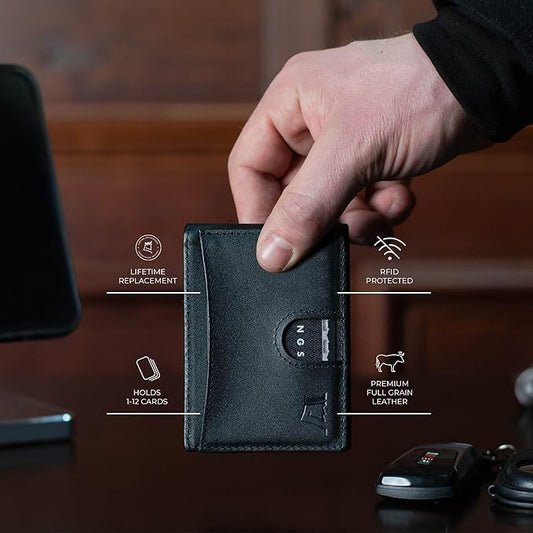 Kings Loot Money Clip Slim Minimalist Wallet for Men – RFID Blocking Leather Design with Money Clip – Front Pocket Bifold Holds 12 Cards – Stylish & Compact Wallets (Black/Engraved)