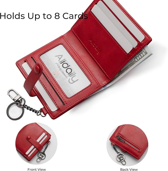 Alldaily Slim Keychain Wallet for Women, RFID Blocking Small Bifold Travel Credit Card Holder (Red)