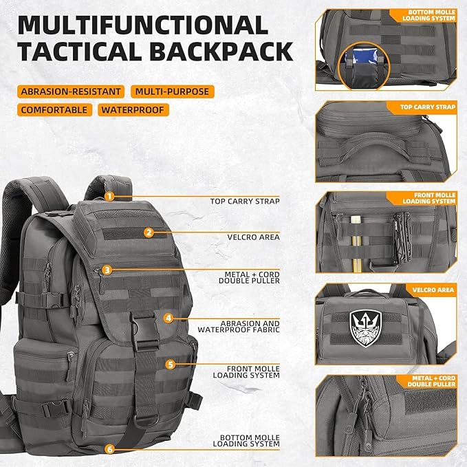 HongXingHai 50L Military Tactical Backpack 3 Day Assault Pack Molle Daypack Hiking Backpack for Men and Women (Gray)