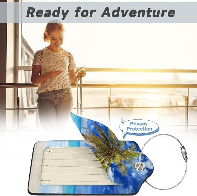 Beach Sea Luggage Tags for Suitcases,2 Pack Coconut Palm Tree Luggage Tag,Leather Stainless Steel Loop Label Tag for Women Men Girls Travel Bag Suitcase