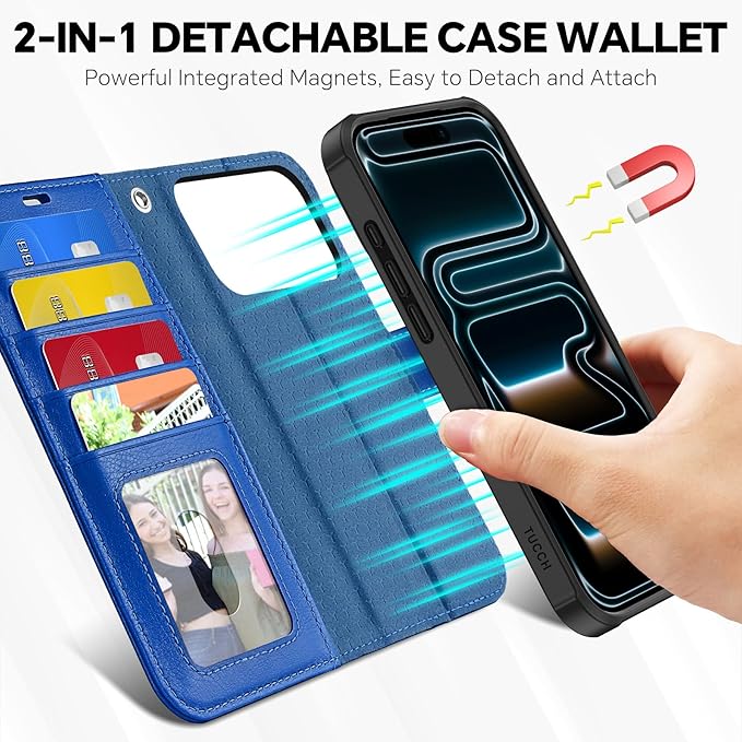 TUCCH 2-in-1 Detachable Wallet Case for iPhone 17 Pro Max 6.9" 2025, RFID Blocking 4 Card Slot | Wireless Charging | Wrist Strap | Kickstand | Magnetic | PU Leather | Protective Cover | Klein Blue
