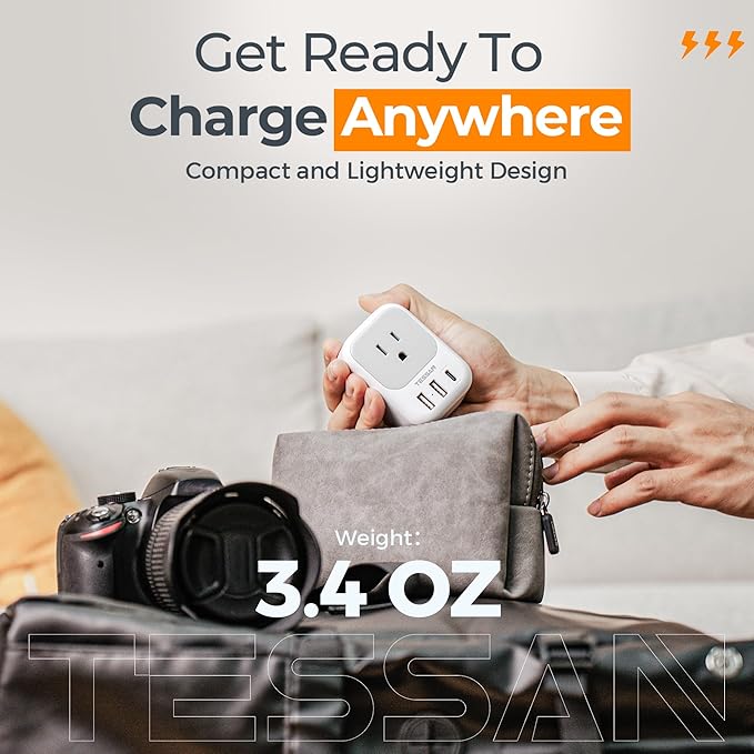 TESSAN 2 Prong to 3 Prong Adapter, Multi Plug Outlet Extender with 4 Outlets 3 USB Ports(1 USB C), Type A Travel for US to Japan, Philippines, Canada, Mexico, China, Thailand, Anguilla