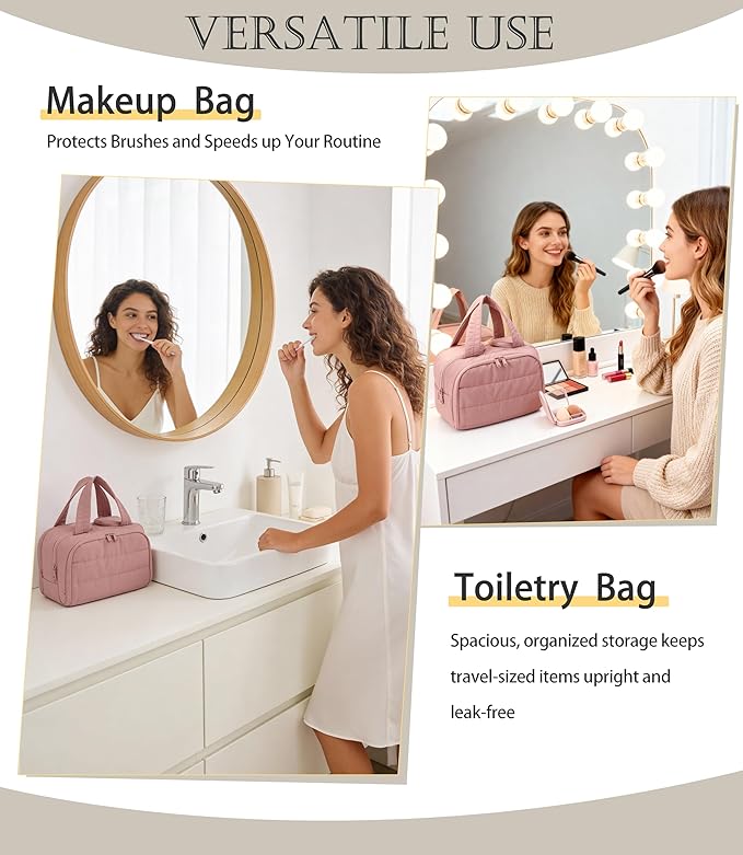 Travel Toiletry Bag for Women, Large Wide-open Puffy Cosmetic Makeup Bag with Wet-Dry Separation, Multi-Pocket Organizer with Carry Handle for Toiletries, Cosmetics, Essentials, Dark Pink