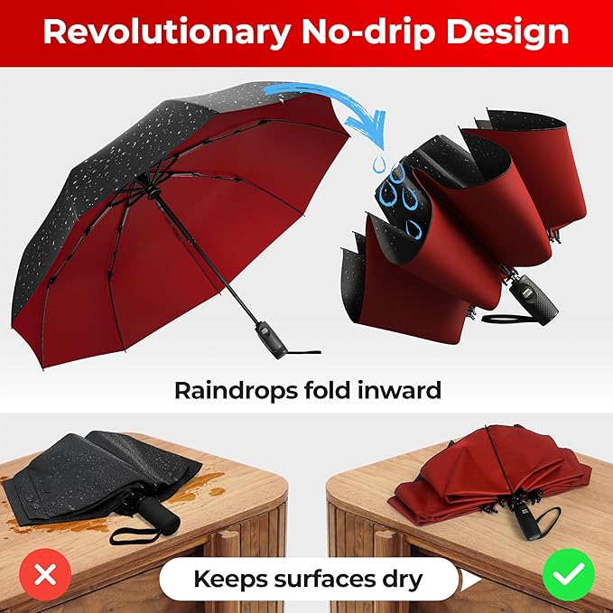 TUMELLA Flip-proof Inverted Travel Umbrella, Small Strong but Light Portable and Automatic Reverse Folding Rain Umbrella, Durable Premium Grip, Fits Car & Backpack
