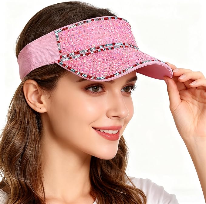 Bling Shiny Rhinestone Sports Sun Visor Hat for Women Summer Adjustable Breathable Beach Visor Caps Running Golf Sun Hat