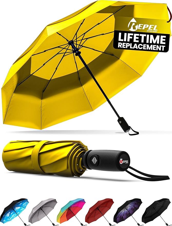 REPEL Windproof Travel Umbrella - Compact & Withstands Winds up to 85MPH , Strongest Premium Auto Folding Umbrella for Rain and Sun - Durable, Light & Portable for Women & Men , Fits Backpack & Cars
