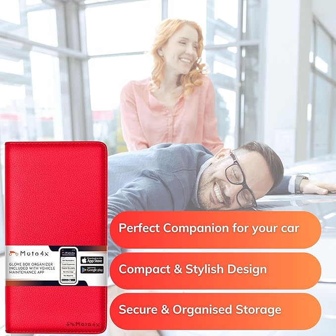 Red Magnetic Shut Premium PU Leather Insurance and Registration Holder, Glove Box Organizer for Car, Stylish Car Accessories, Organize Vehicle Documents with flair, Size 9.5 in x 5.1 in