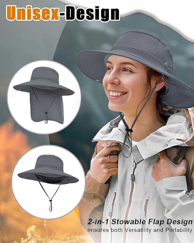 Outdoor Sun Hats with Stowable Neck Flap for Men Women UPF 50+ Mesh Summer Bucket Hat Wide Brim for Fishing Safari Hiking