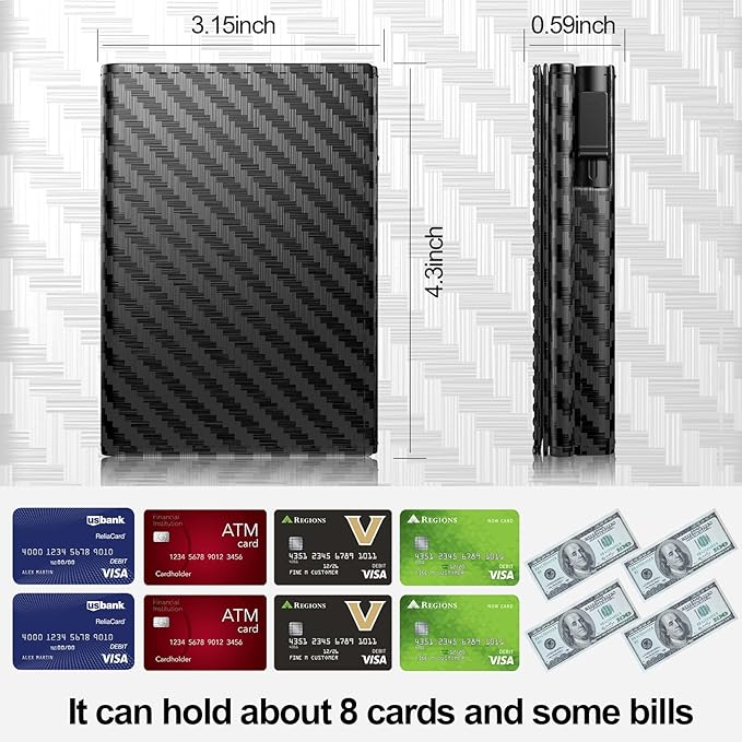 Mens Wallet Card Holder Pop up Card Case,Carbon Fiber Leather Slim Wallet，RFID Blocking 8-9 Card Capacity | ID Window | Cash Slot Minimalist Wallet for Men Black