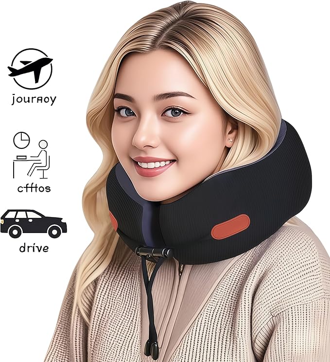 Travel Neck Pillow for Airplane, Ergonomic Design, Travel Pillow with Memory Foam, with 360-Degree Head Support, Adjustable Strapm, Secure Fit, for Flights, Car Rides, and Home Rest (Black)