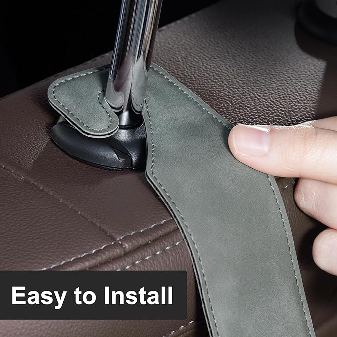 CoBak Headrest Hooks for Car - Universal Premium Stitched Leather and Aluminum-Magnesium Alloy Single Car Seat Back Storage Hook for Purses, Handbags, Bags (2 Pack),Gray