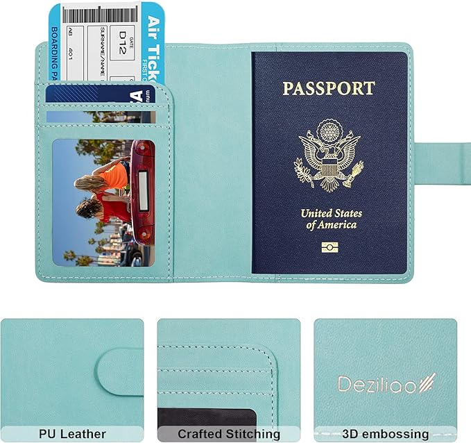 Deziliao Passport Holder,Passport Holder Card Slots, Passport and Vaccine Card Holder Combo, Cute Passport cover for Women and Men, with Waterproof Rfid Blocking, Passport Travel Wallet(Aqua Green)