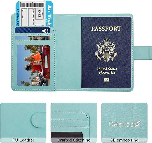 Deziliao Passport Holder,Passport Holder Card Slots, Passport and Vaccine Card Holder Combo, Cute Passport cover for Women and Men, with Waterproof Rfid Blocking, Passport Travel Wallet(Aqua Green)