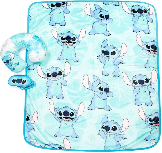 Jay Franco Disney Lilo & Stitch Kids Travel Set - 3 Piece Set Includes 40 x 50 Throw Blanket, Eye Mask, and Neck Pillow - Super Soft & Cozy Travel Accessories