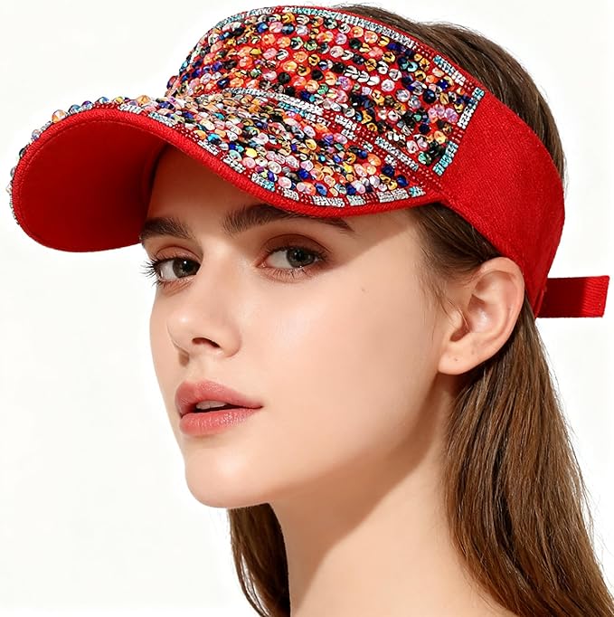 Bling Shiny Rhinestone Sports Sun Visor Hat for Women Summer Adjustable Breathable Beach Visor Caps Running Golf Sun Hat