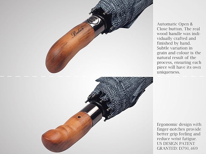 Balios Prestige Travel Folding Umbrella, Handmade Wood Handle, Auto Open & Close