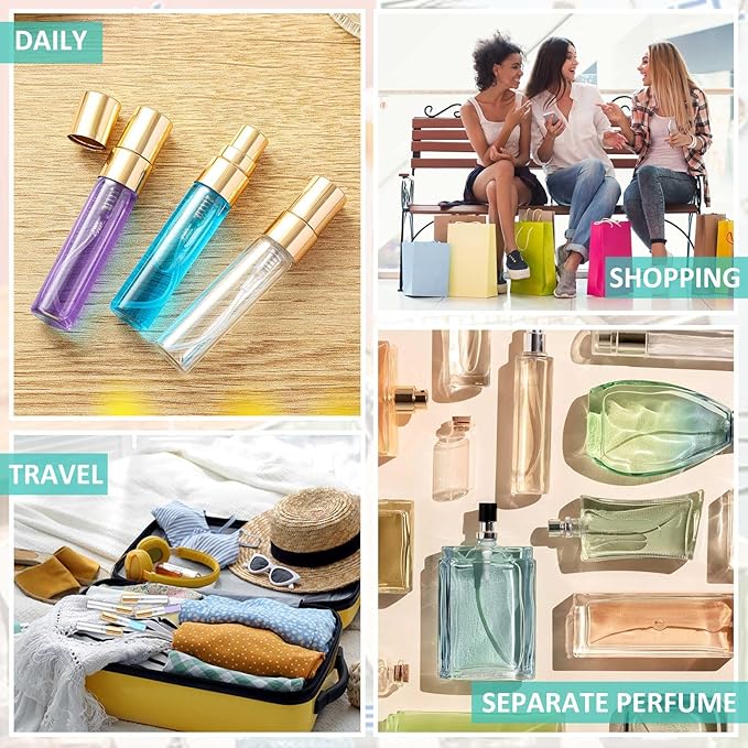 Zhehao 50 Pcs Mini Spray Bottles 5 ml Clear Glass Perfume Bottles Refillable Fine Mist Perfume Atomizer Portable Empty Sample Containers for Cleaning, Essential Oils, Travel (Gold Cap)