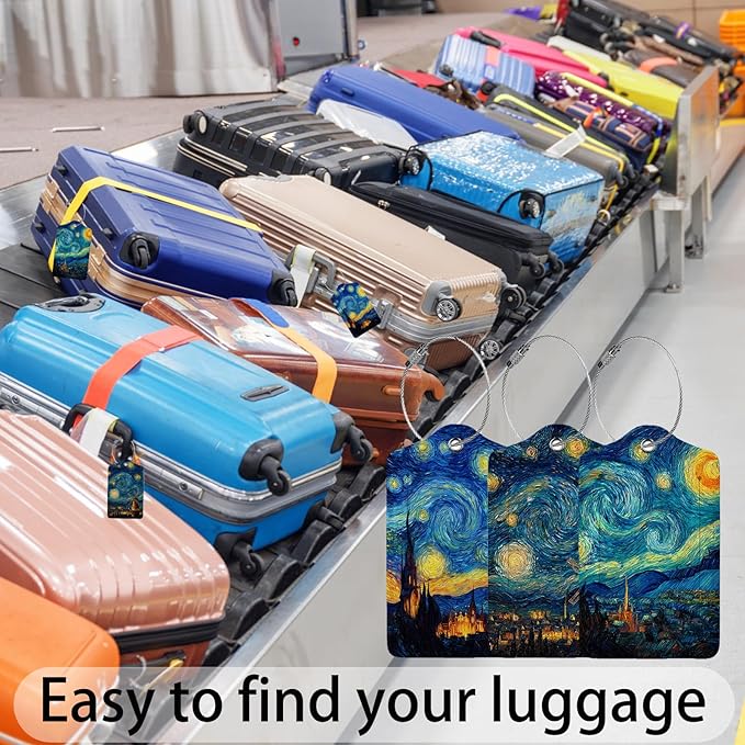 Stary Night 3 Pack Luggage Tags for Suitcases, PU Leather Baggage Suitcases Tag Name ID Label Privacy Cover Travel Bag Tags for Women Men Boys Girls