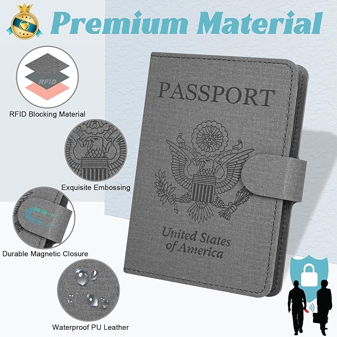 Caweet Passport Holder Cover Case Wallet, Cute Leather Travel Accessories for Women and Men, Fabric Grey