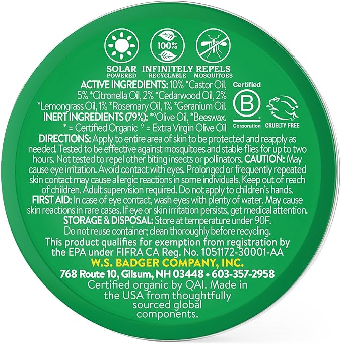 Badger Bug Repellent Tin, Organic Deet-Free Mosquito Repellent with Citronella, Family Friendly Pleasant Smelling Insect Repellent, Easy to Use, 2 oz Tin, 2-Pack