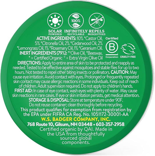 Badger Bug Repellent Tin, Organic Deet-Free Mosquito Repellent with Citronella, Family Friendly Pleasant Smelling Insect Repellent, Easy to Use, 2 oz Tin, 2-Pack